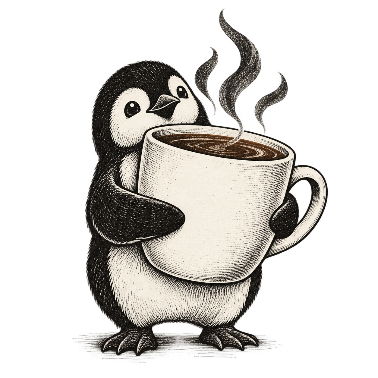 A lithograph penguin barista hugging a coffee cup larger than its body; steam rises above